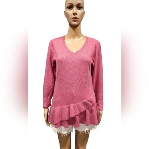 Isaac Mizrahi Live women's pink 100% cashmere ruffled v - neck sweater Sz small